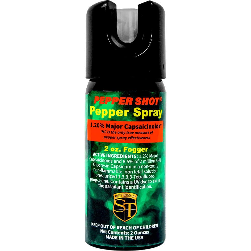 Pepper Shot 1.2% MC 2 oz Pepper Spray – 2,000,000 SHU, 8–10 Foot Range, 6–10 One-Second Bursts, UV Dye Included, Stream/Fogger/Flip-Top Options, Safety Technology