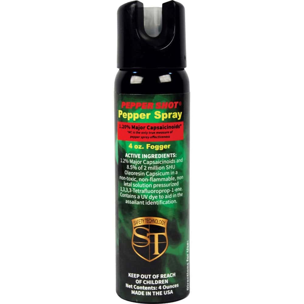 Pepper Shot 1.2% Major Capsaicinoids 4 oz Pepper Spray – 2,000,000 SHU, Stream, Fogger & Flip Top, 18-20 Bursts, 13-18 Ft Range, UV Dye, Leatherette Belt Holster Included