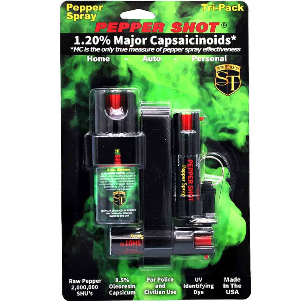Pepper Shot 1.2% Major Capsaicinoids Tri-Pack Pepper Spray – 2 oz Home Spray, ½ oz Visor Clip, ½ oz Quick Release Keychain, 2 Million SHU, UV Dye, Stream Spray - Image 2