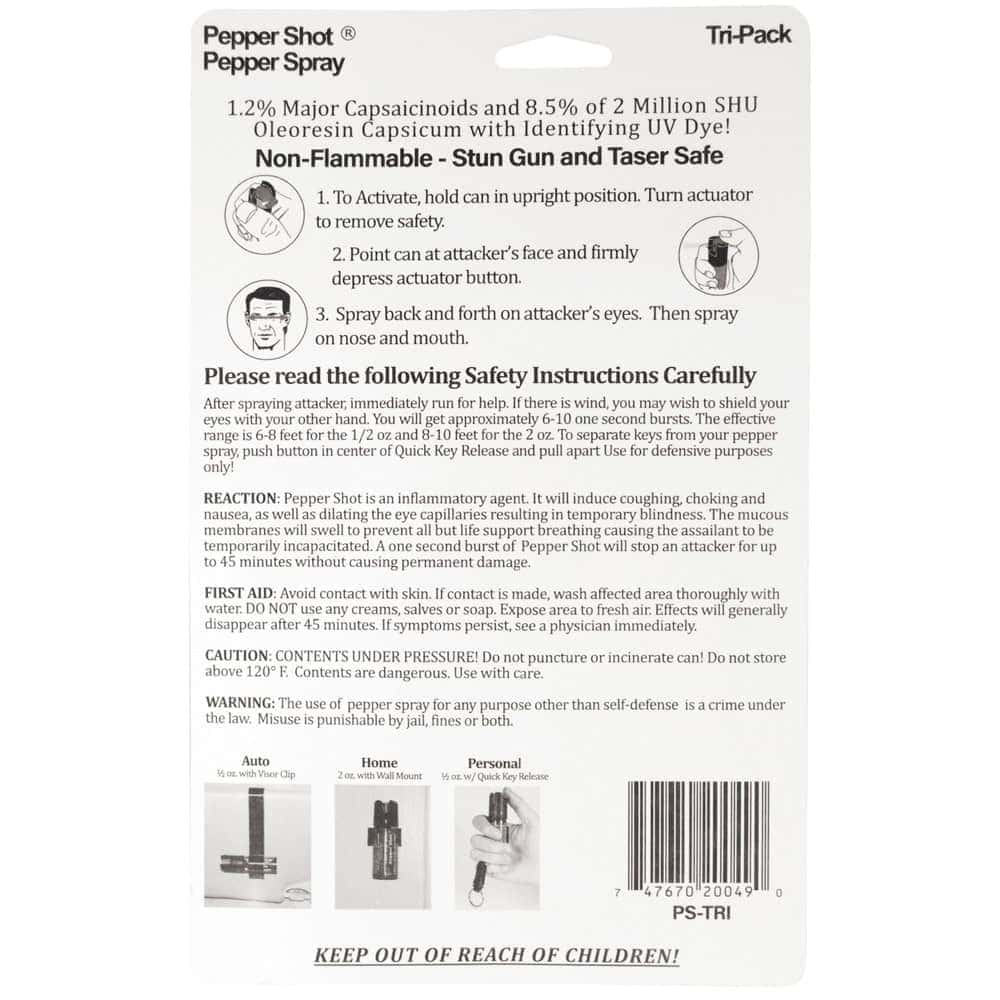 Pepper Shot 1.2% Major Capsaicinoids Tri-Pack Pepper Spray – 2 oz Home Spray, ½ oz Visor Clip, ½ oz Quick Release Keychain, 2 Million SHU, UV Dye, Stream Spray - Image 3