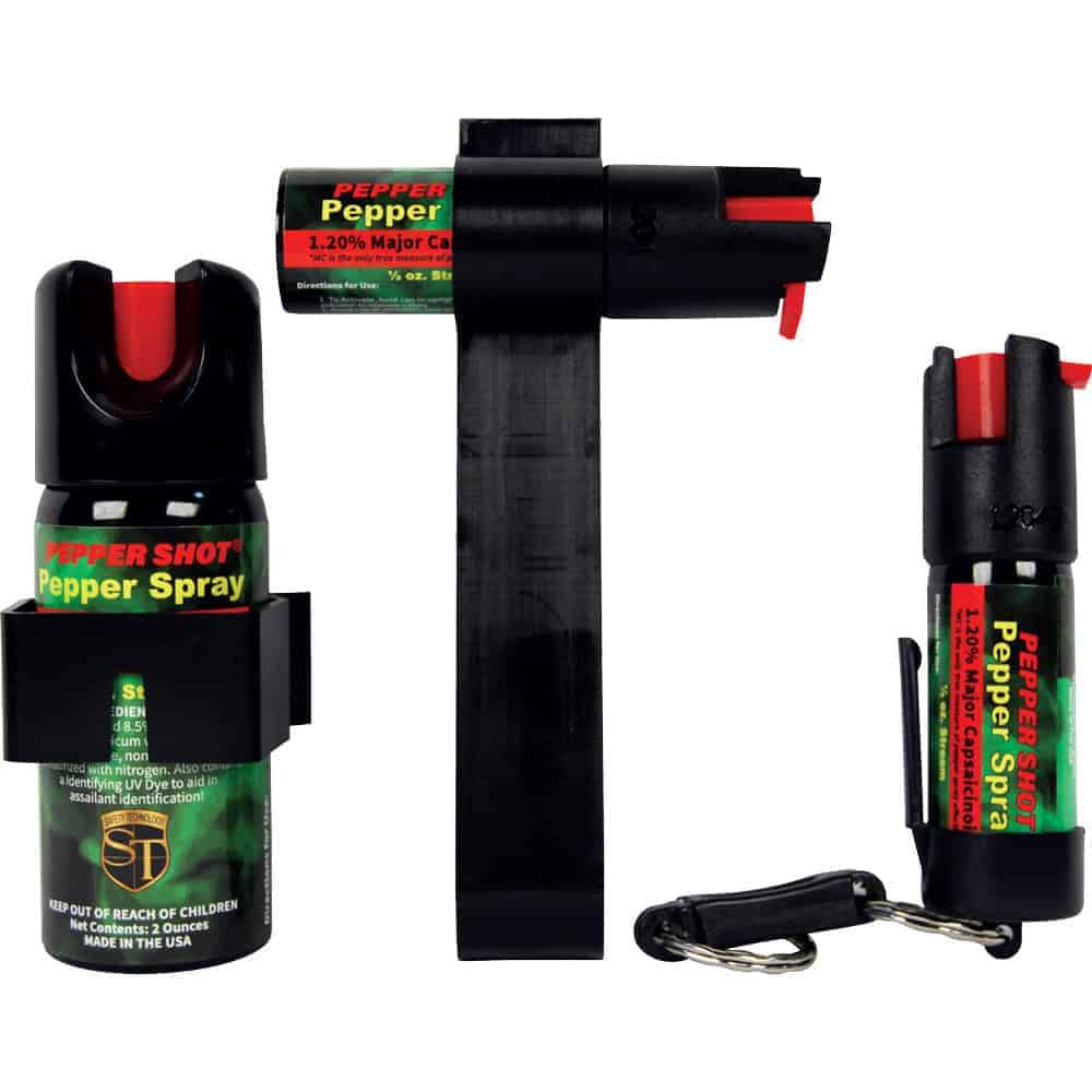 Pepper Shot 1.2% Major Capsaicinoids Tri-Pack Pepper Spray – 2 oz Home Spray, ½ oz Visor Clip, ½ oz Quick Release Keychain, 2 Million SHU, UV Dye, Stream Spray