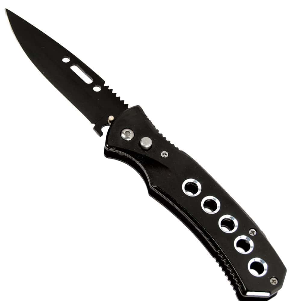 Automatic Heavy Duty Knife with 5-Hole Stainless Steel Handle and Safety Lock – 3.5" Blade, 8" Overall Length, Side-Deploy Automatic Action
