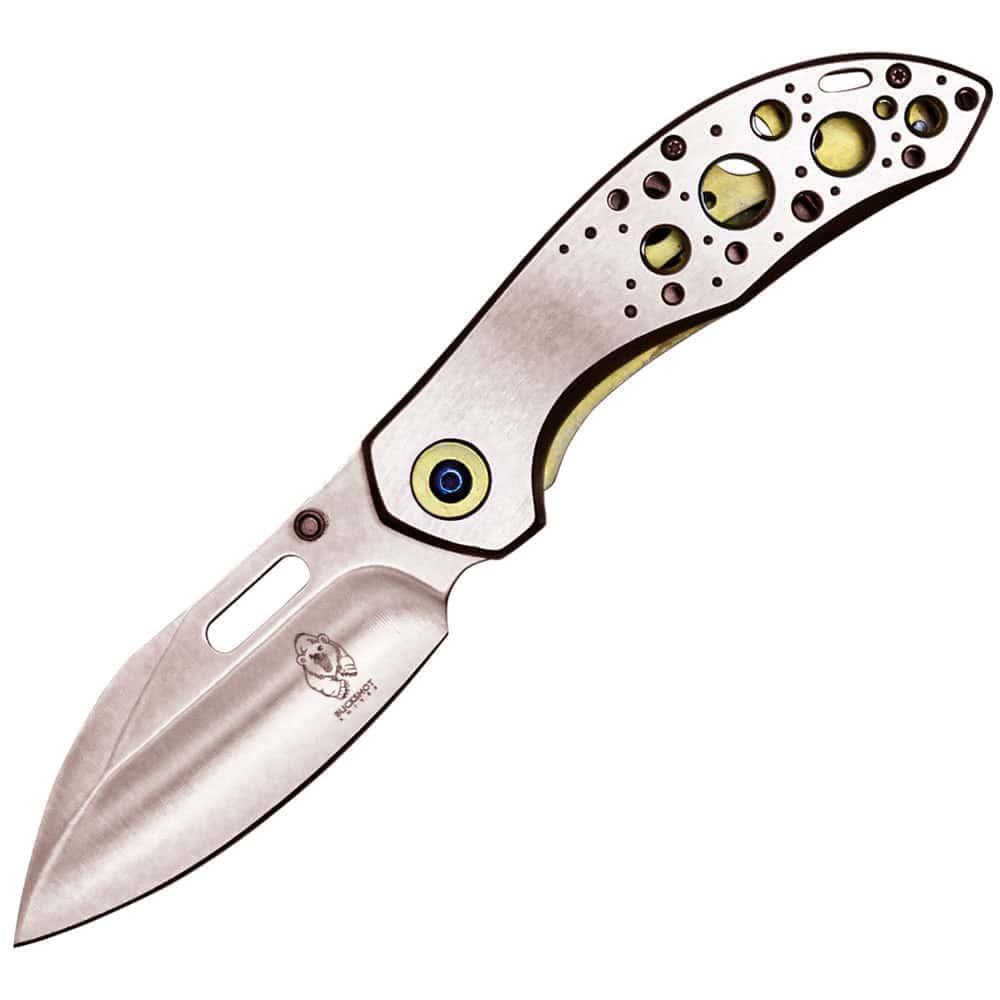 Assisted Open Folding Pocket Knife with Gold Trim – 3.5" Two-Tone 3Cr13 Steel Blade, 8" Overall, Stainless Steel Handle, Belt Clip Included