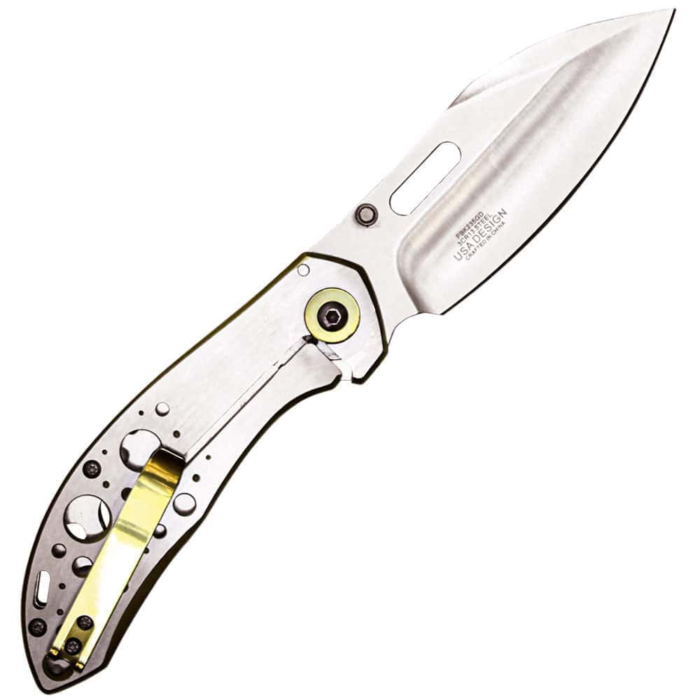 Assisted Open Folding Pocket Knife with Gold Trim – 3.5" Two-Tone 3Cr13 Steel Blade, 8" Overall, Stainless Steel Handle, Belt Clip Included - Image 2